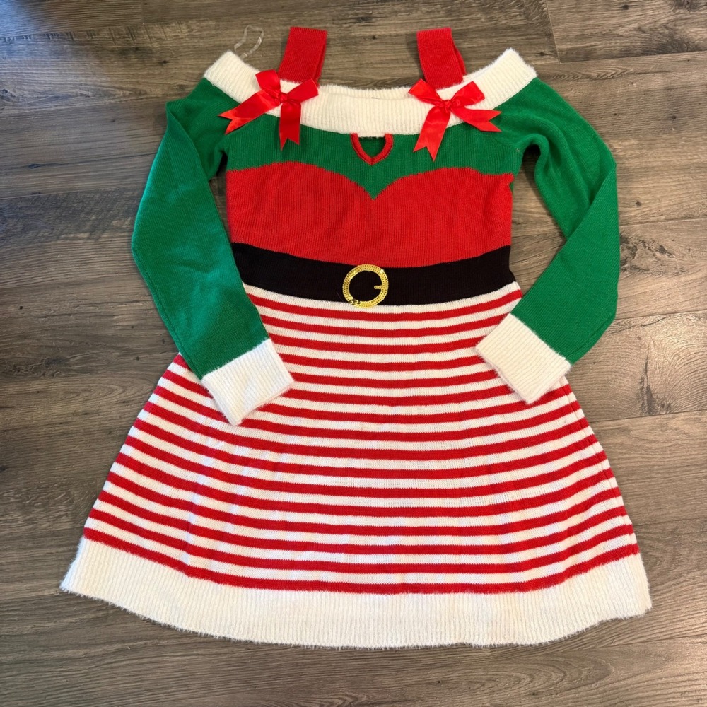 Planet Heart Christmas Elf Sweater Dress Red Green Striped Cold Shoulder Large